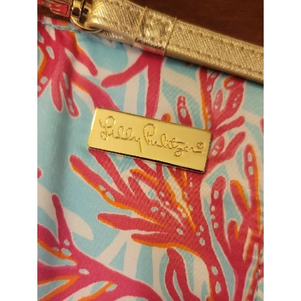 Lilly Pulitzer Coral Print Wristlet in Light Blue, Pink, Gold